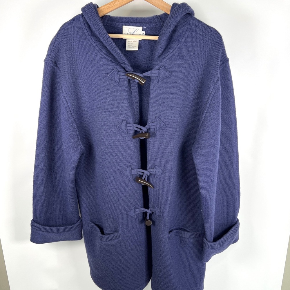 Studio L Womens Navy 100% Wool Toggle Hooded Cardigan Sweater Coat S Vtg